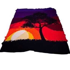 Vintage Crochet Summer Sunset Landscape Afghan Tapestry Throw Blanket‎ Handmade